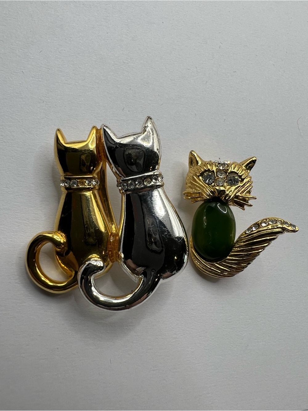 Gold and Silver Cat pendant and Green Accent Kitty Brooch